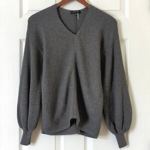 1. State Lightweight Ribbed Knit Long Balloon Sleeve V-neck Sweater Gray XXS